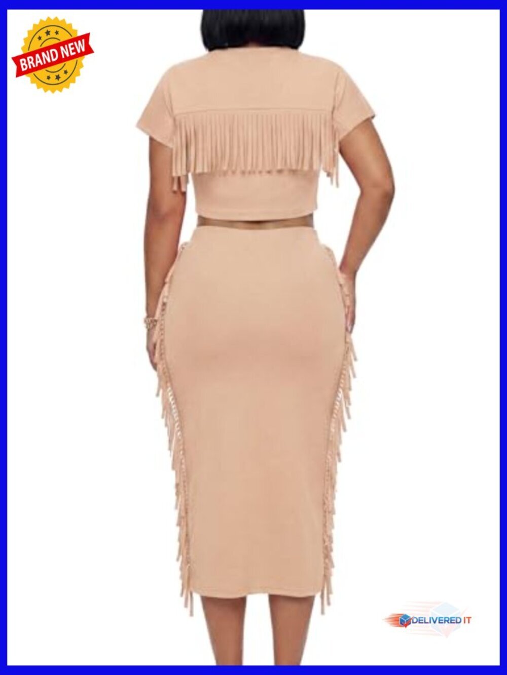 2 Piece Outfit Fringe Crop Top Bodycon Midi Skirt Set Sexy Clubwear - Picture 5 of 6